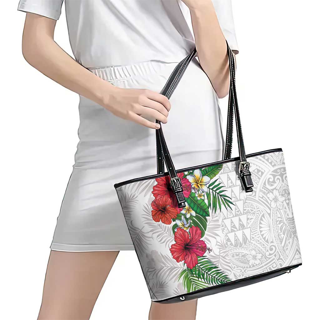 Hawaiian Tropical Plants Leather Tote Bag Kakau Tattoo and Polynesian Pattern Half White Color LT03 - Polynesian Pride