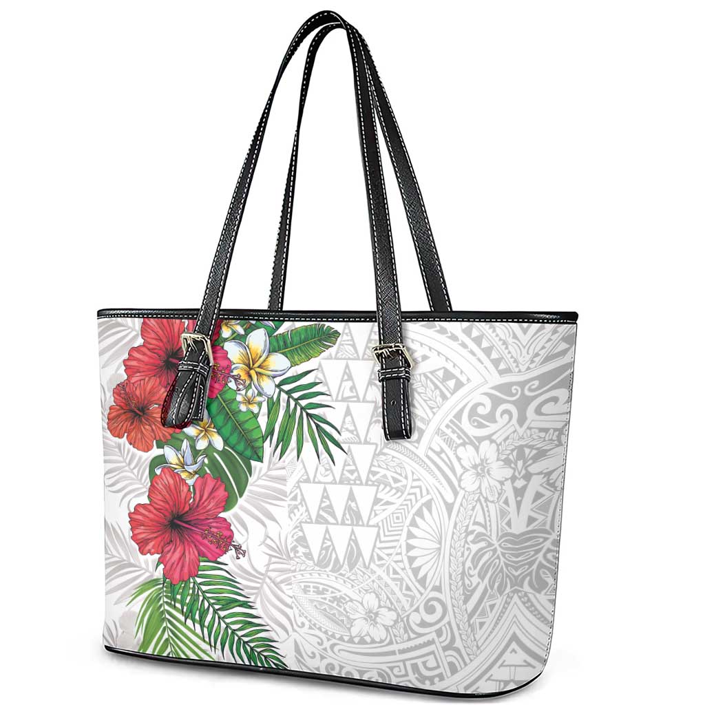 Hawaiian Tropical Plants Leather Tote Bag Kakau Tattoo and Polynesian Pattern Half White Color LT03 - Polynesian Pride
