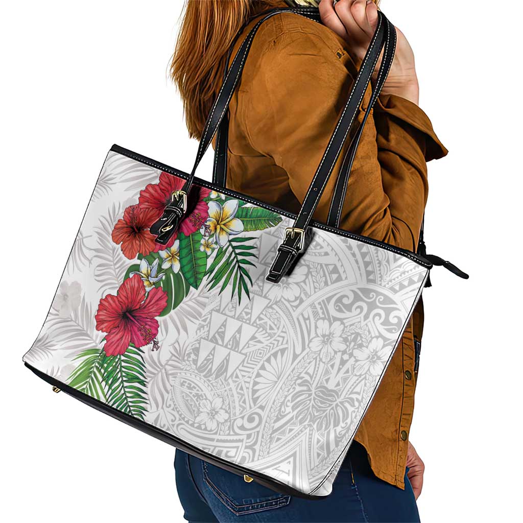 Hawaiian Tropical Plants Leather Tote Bag Kakau Tattoo and Polynesian Pattern Half White Color LT03 - Polynesian Pride