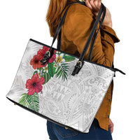Hawaiian Tropical Plants Leather Tote Bag Kakau Tattoo and Polynesian Pattern Half White Color LT03 - Polynesian Pride