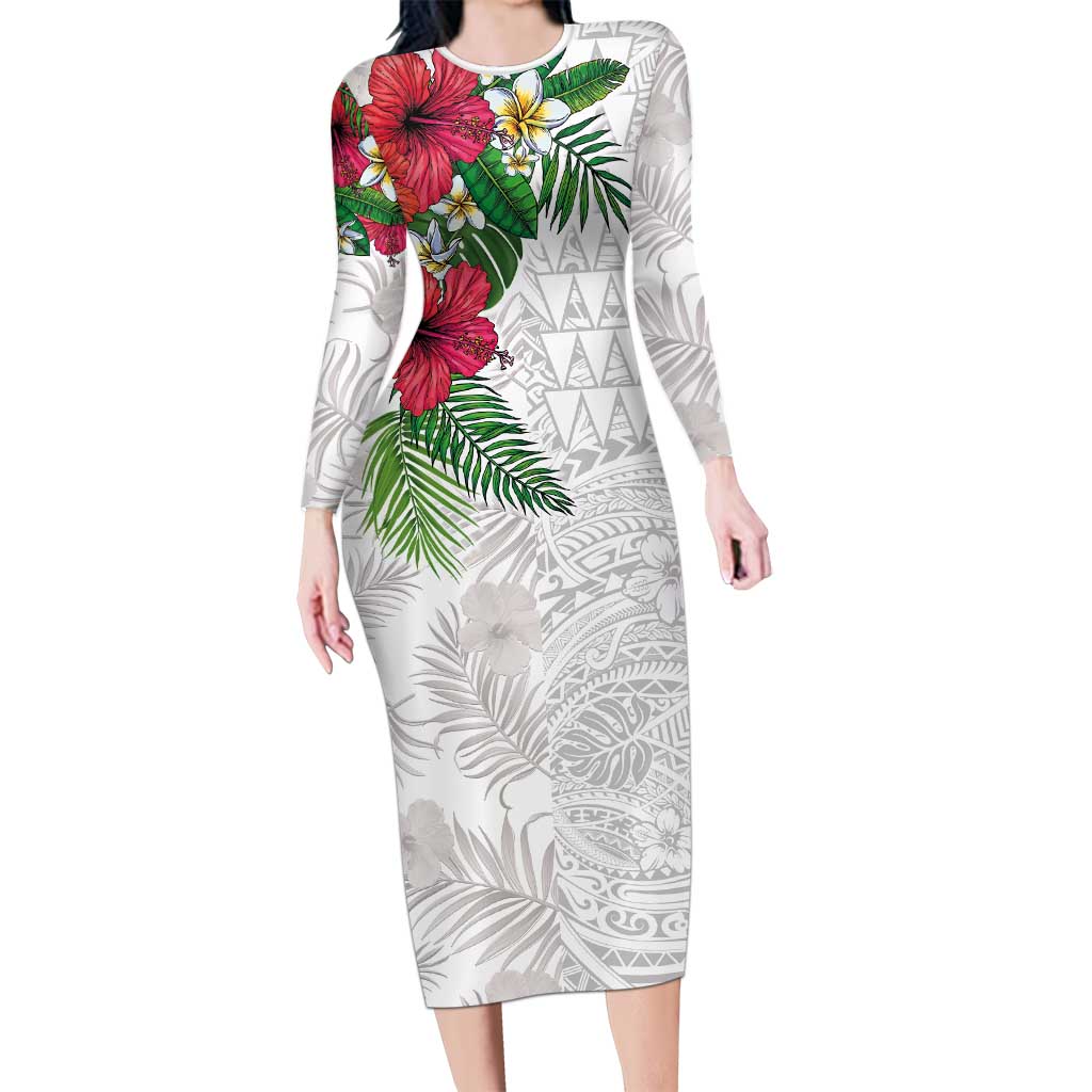 Hawaiian Tropical Plants Long Sleeve Bodycon Dress Kakau Tattoo and Polynesian Pattern Half White Color LT03 Long Dress White - Polynesian Pride