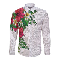 Hawaiian Tropical Plants Long Sleeve Button Shirt Kakau Tattoo and Polynesian Pattern Half White Color