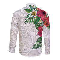 Hawaiian Tropical Plants Long Sleeve Button Shirt Kakau Tattoo and Polynesian Pattern Half White Color
