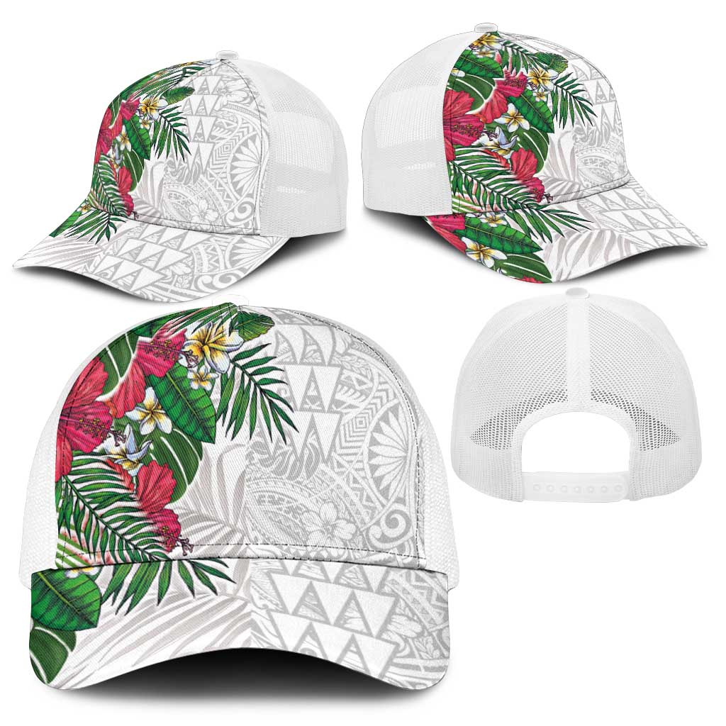 Hawaiian Tropical Plants Mesh Trucker Cap Kakau Tattoo and Polynesian Pattern Half Black White