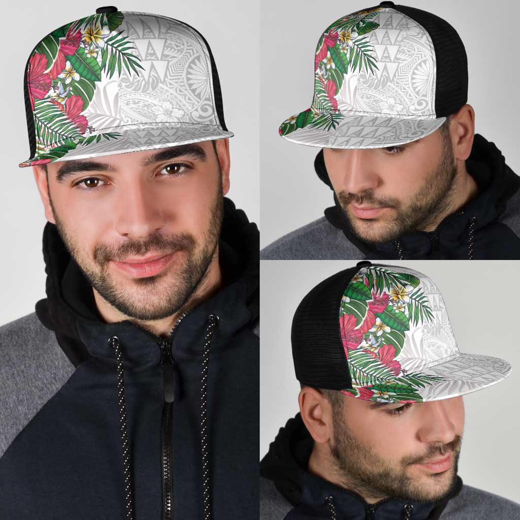 Hawaiian Tropical Plants Mesh Trucker Cap Kakau Tattoo and Polynesian Pattern Half Black White