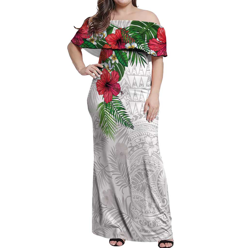 Hawaiian Tropical Plants Off Shoulder Maxi Dress Kakau Tattoo and Polynesian Pattern Half White Color