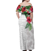Hawaiian Tropical Plants Off Shoulder Maxi Dress Kakau Tattoo and Polynesian Pattern Half White Color
