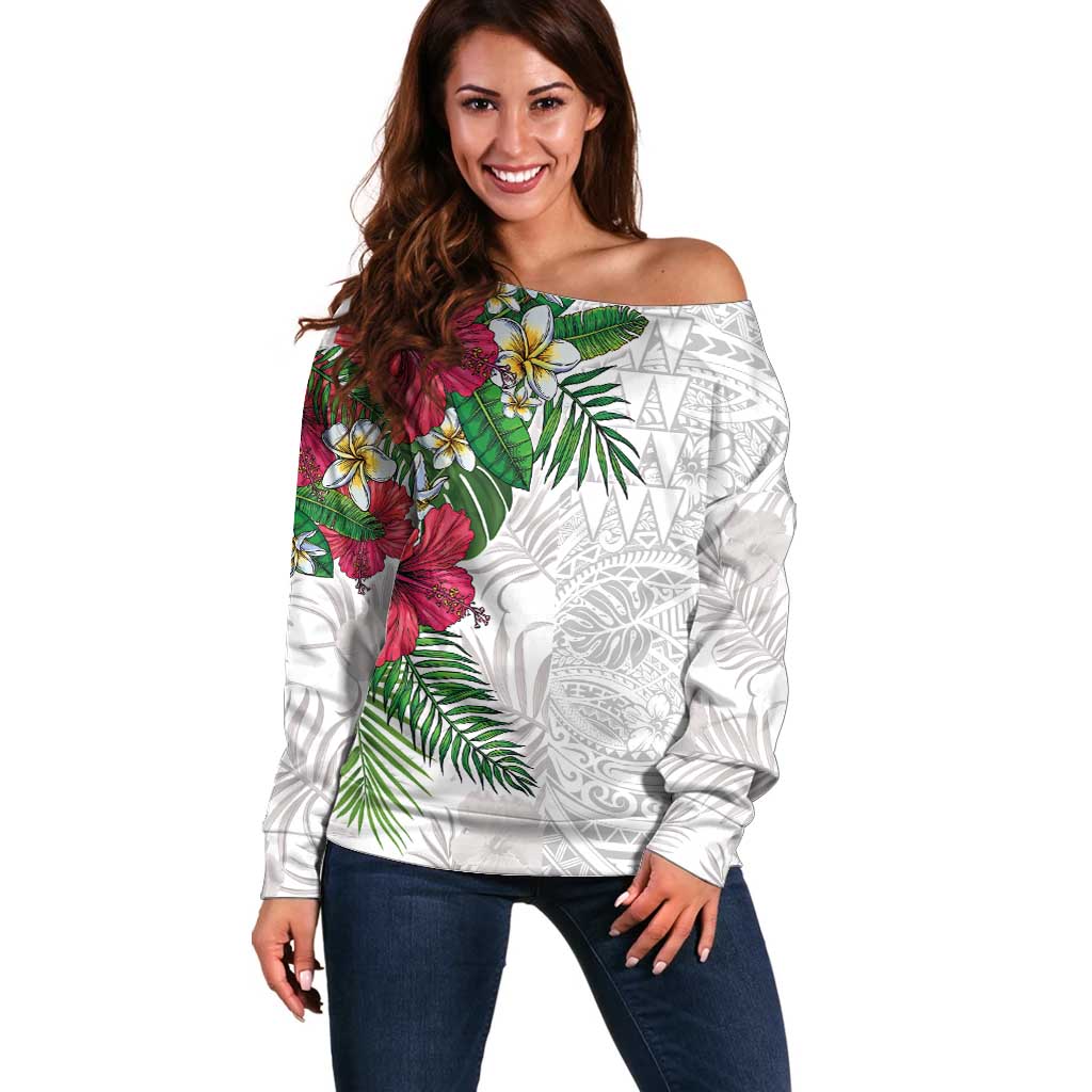 Hawaiian Tropical Plants Off Shoulder Sweater Kakau Tattoo and Polynesian Pattern Half White Color