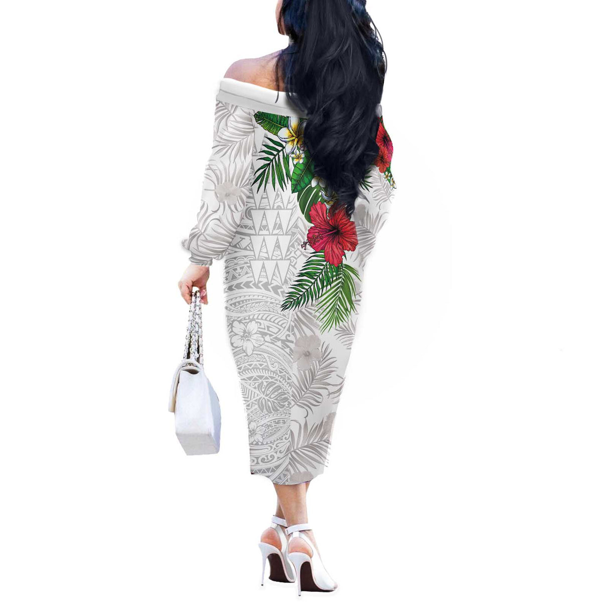 Hawaiian Tropical Plants Off The Shoulder Long Sleeve Dress Kakau Tattoo and Polynesian Pattern Half White Color