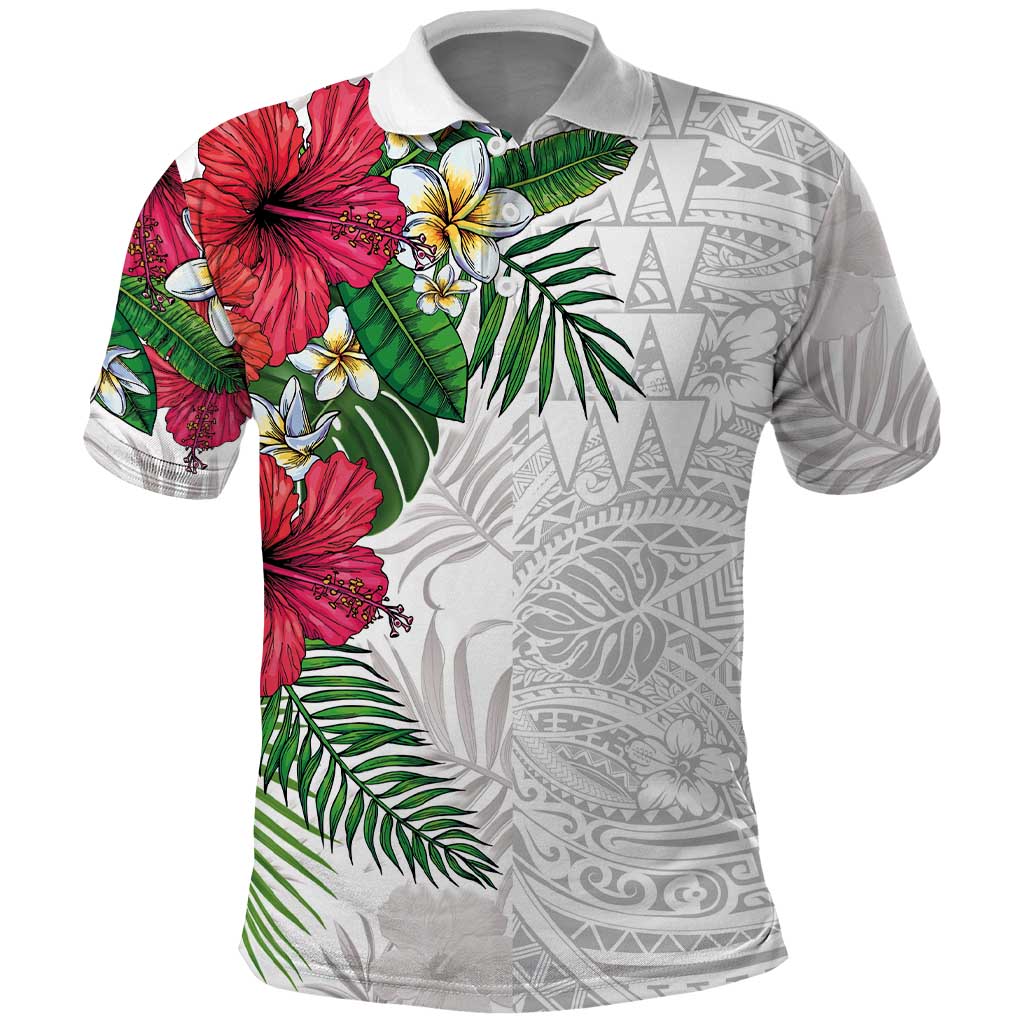 Hawaiian Tropical Plants Polo Shirt Kakau Tattoo and Polynesian Pattern Half White Color