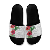 Hawaiian Tropical Plants Slide Sandals Kakau Tattoo and Polynesian Pattern Half White Color