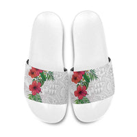 Hawaiian Tropical Plants Slide Sandals Kakau Tattoo and Polynesian Pattern Half White Color