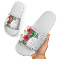 Hawaiian Tropical Plants Slide Sandals Kakau Tattoo and Polynesian Pattern Half White Color