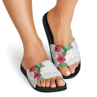 Hawaiian Tropical Plants Slide Sandals Kakau Tattoo and Polynesian Pattern Half White Color