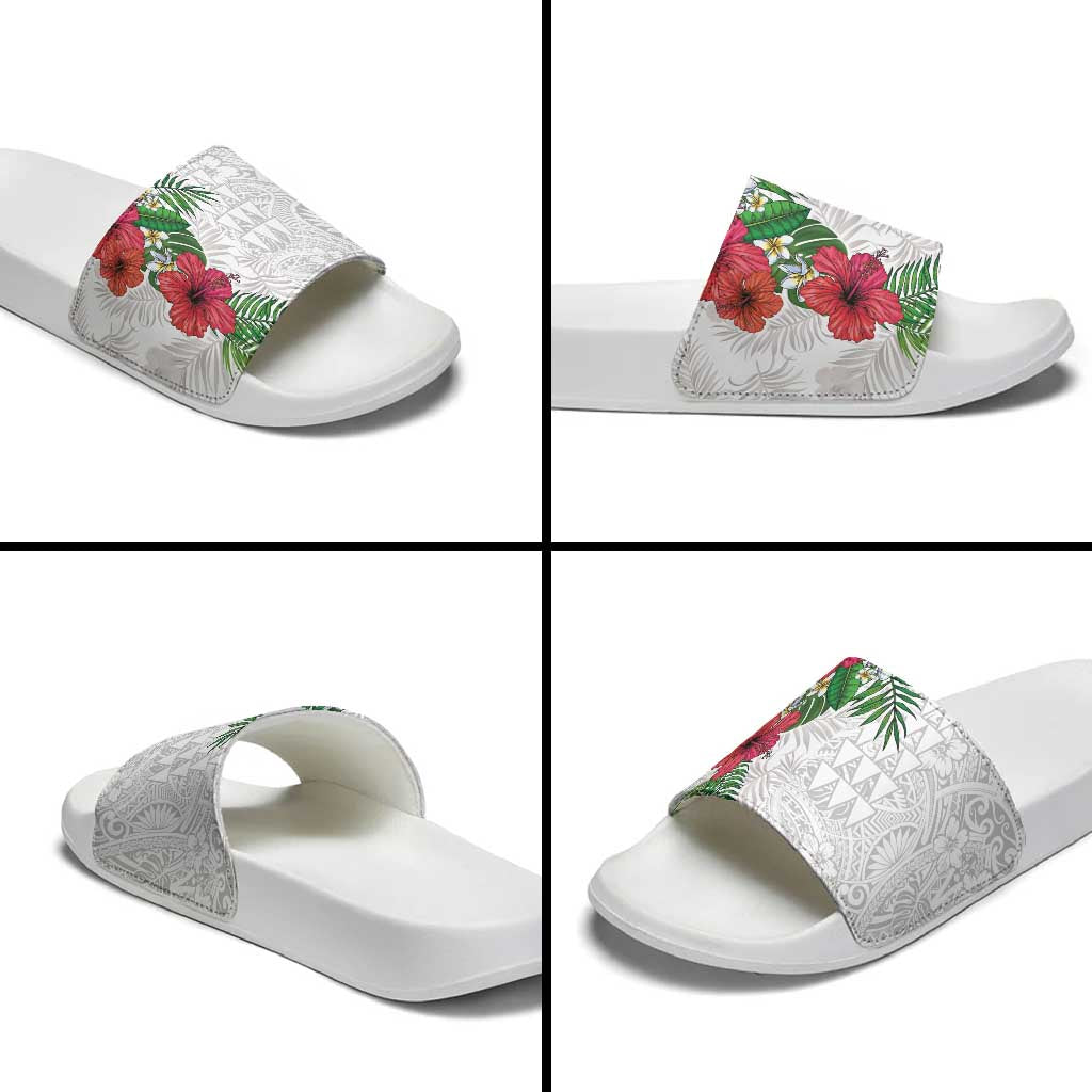 Hawaiian Tropical Plants Slide Sandals Kakau Tattoo and Polynesian Pattern Half White Color