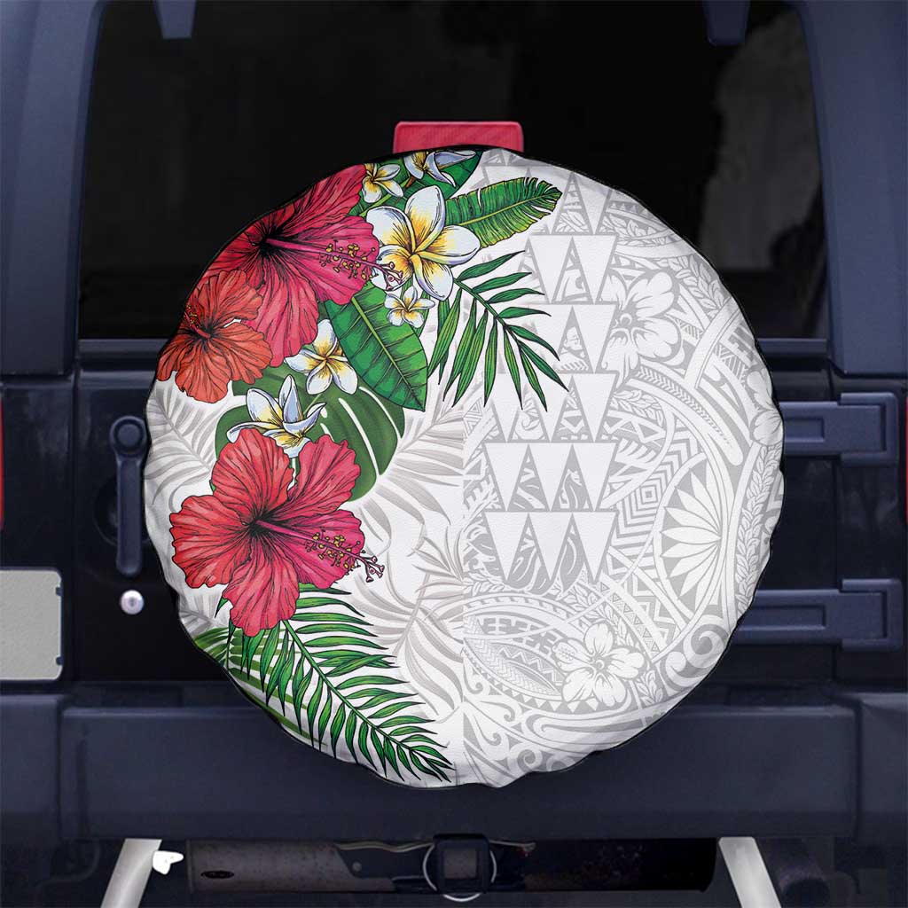 Hawaiian Tropical Plants Spare Tire Cover Kakau Tattoo and Polynesian Pattern Half White Color