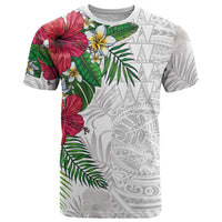 Hawaiian Tropical Plants T Shirt Kakau Tattoo and Polynesian Pattern Half White Color