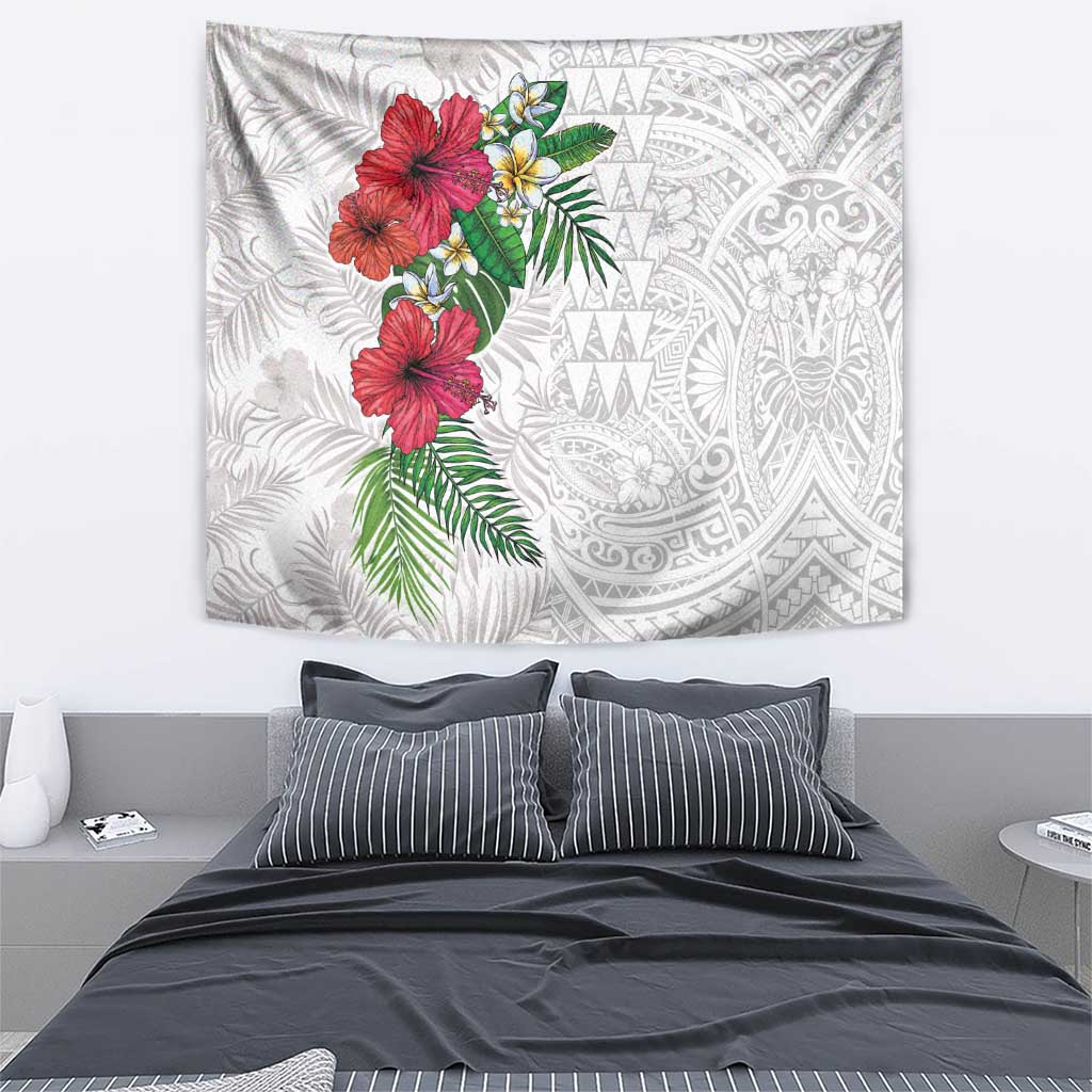 Hawaiian Tropical Plants Tapestry Kakau Tattoo and Polynesian Pattern Half White Color