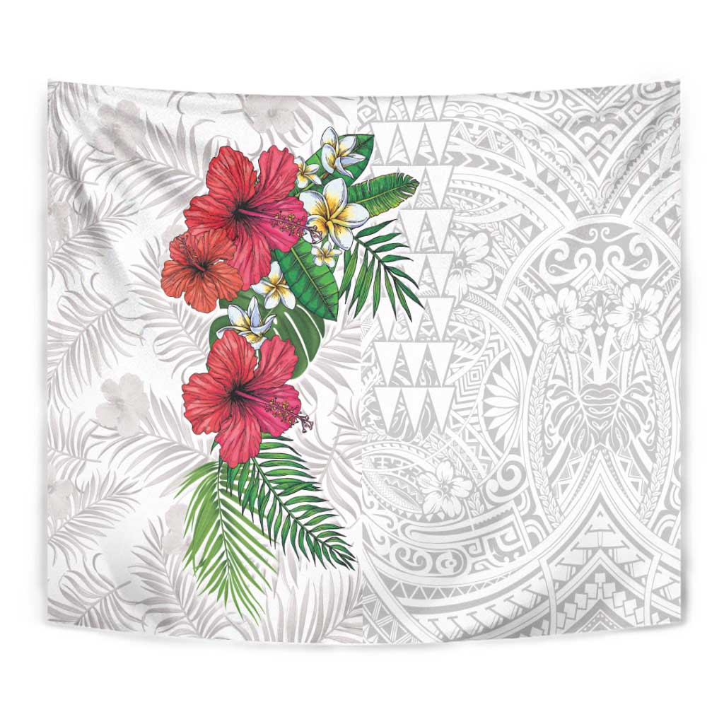 Hawaiian Tropical Plants Tapestry Kakau Tattoo and Polynesian Pattern Half White Color