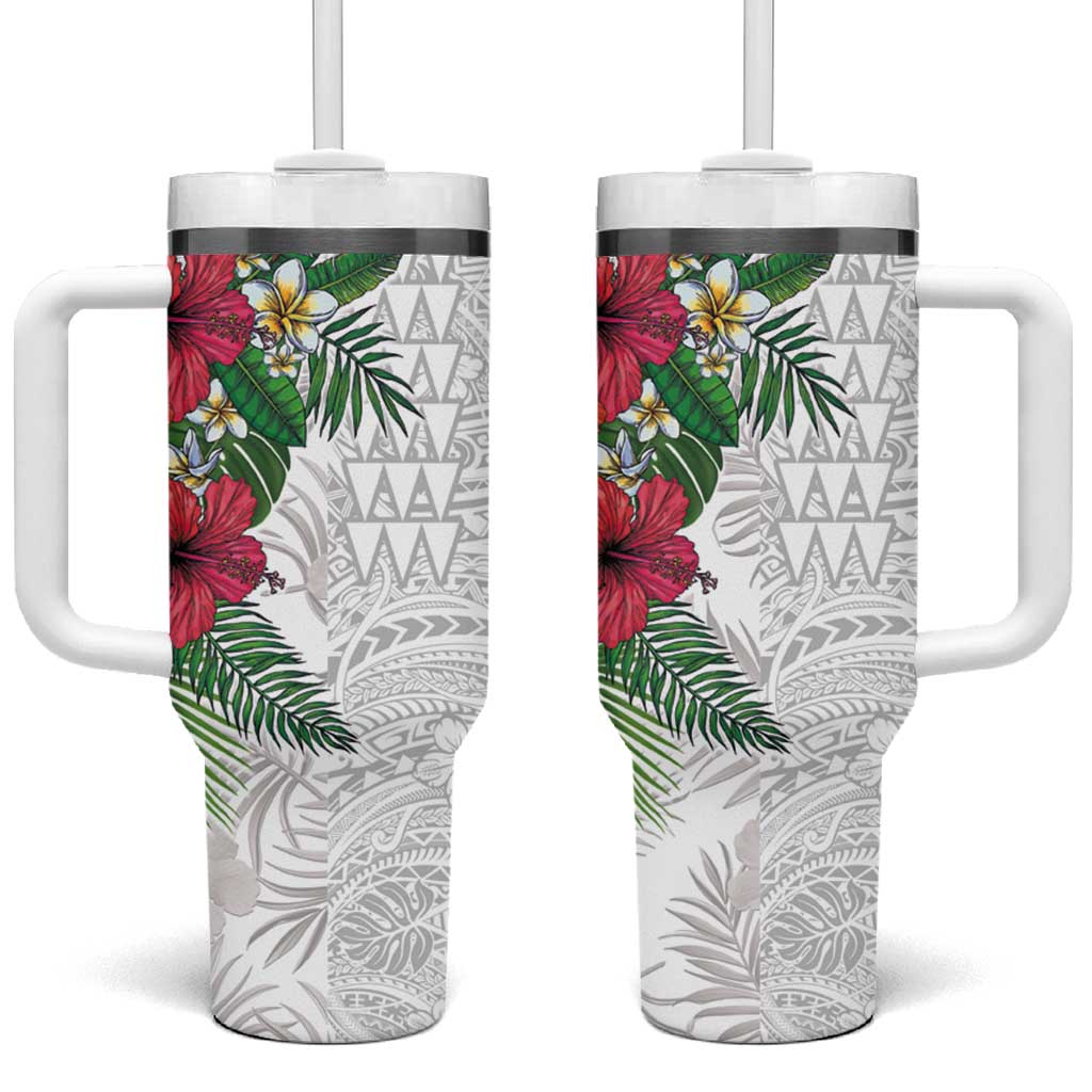 Hawaiian Tropical Plants Tumbler With Handle Kakau Tattoo and Polynesian Pattern Half White Color