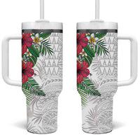 Hawaiian Tropical Plants Tumbler With Handle Kakau Tattoo and Polynesian Pattern Half White Color