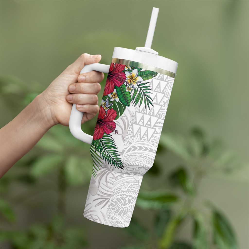 Hawaiian Tropical Plants Tumbler With Handle Kakau Tattoo and Polynesian Pattern Half White Color