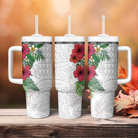Hawaiian Tropical Plants Tumbler With Handle Kakau Tattoo and Polynesian Pattern Half White Color