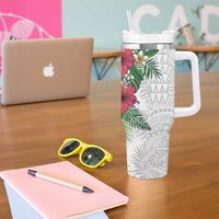 Hawaiian Tropical Plants Tumbler With Handle Kakau Tattoo and Polynesian Pattern Half White Color