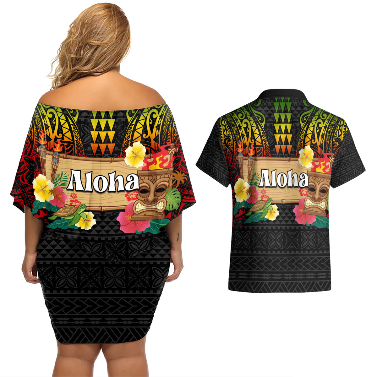 Hawaii Pan-Pacific Festival Couples Matching Off Shoulder Short Dress and Hawaiian Shirt Hawaiian Elements and Polynesian Tattoo
