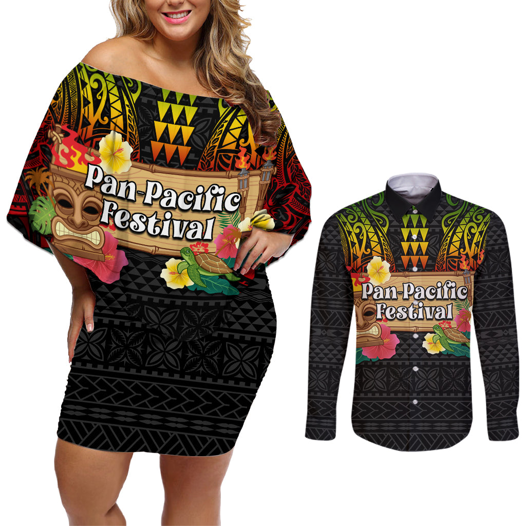 Hawaii Pan-Pacific Festival Couples Matching Off Shoulder Short Dress and Long Sleeve Button Shirt Hawaiian Elements and Polynesian Tattoo