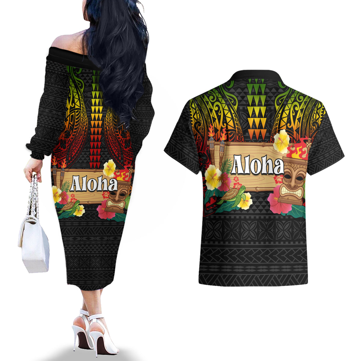 Hawaiian Elements and Polynesian Tattoo Couples Matching Off The Shoulder Long Sleeve Dress and Hawaiian Shirt LT03 - Polynesian Pride