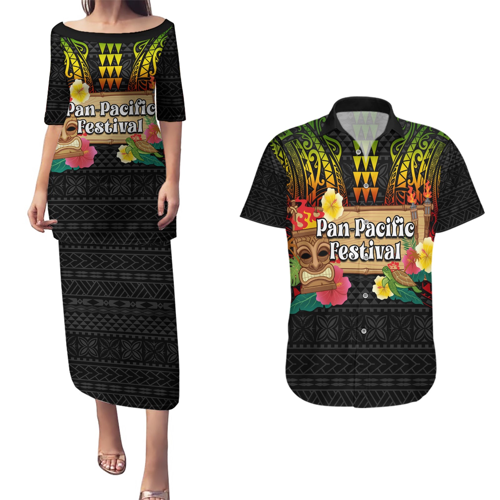 Hawaii Pan-Pacific Festival Couples Matching Puletasi and Hawaiian Shirt Hawaiian Elements and Polynesian Tattoo