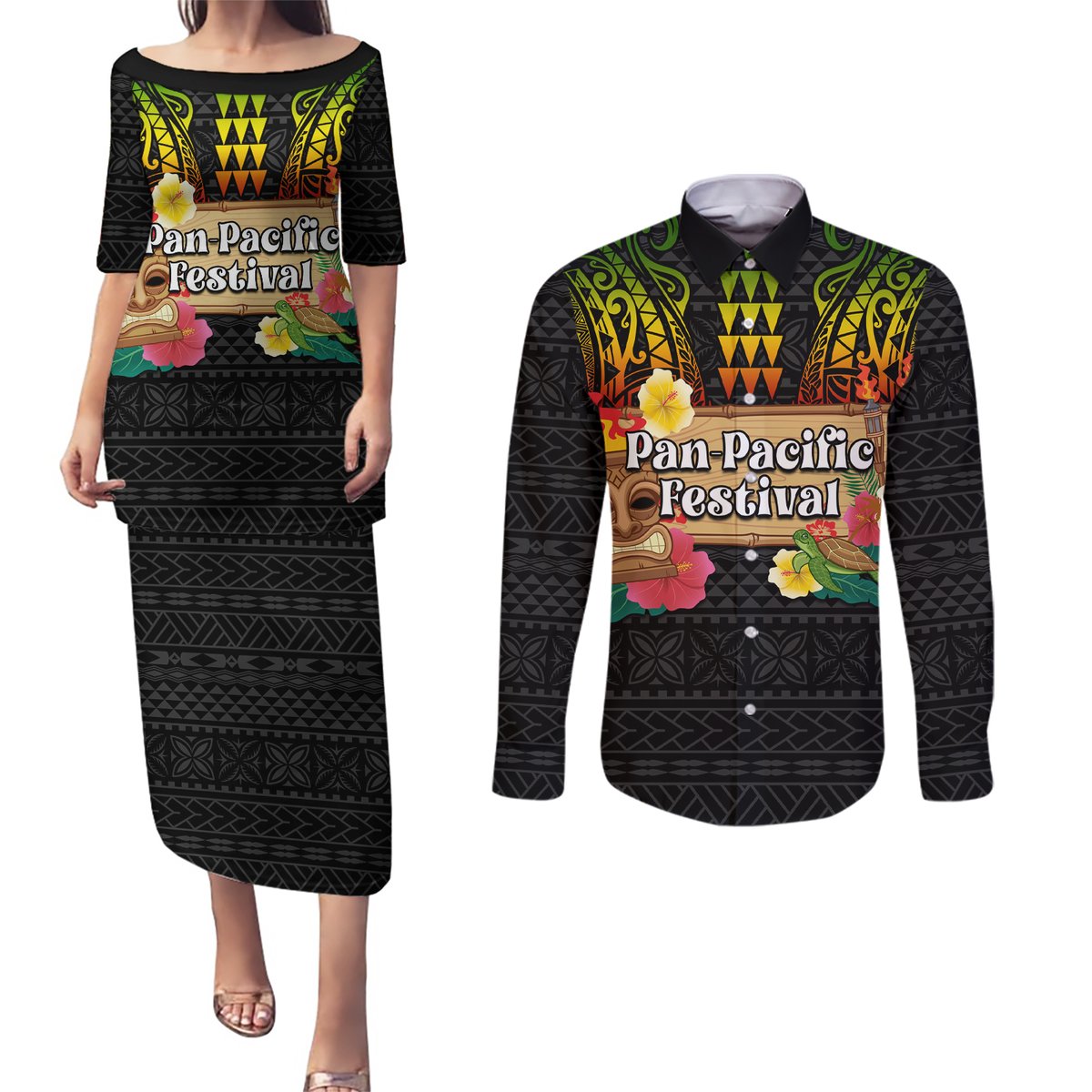 Hawaiian Elements and Polynesian Tattoo Couples Matching Puletasi and Long Sleeve Button Shirt LT03 Black - Polynesian Pride