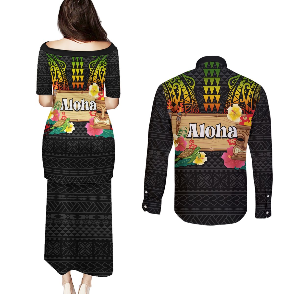 Hawaiian Elements and Polynesian Tattoo Couples Matching Puletasi and Long Sleeve Button Shirt LT03 - Polynesian Pride