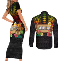 Hawaii Pan-Pacific Festival Couples Matching Short Sleeve Bodycon Dress and Long Sleeve Button Shirt Hawaiian Elements and Polynesian Tattoo