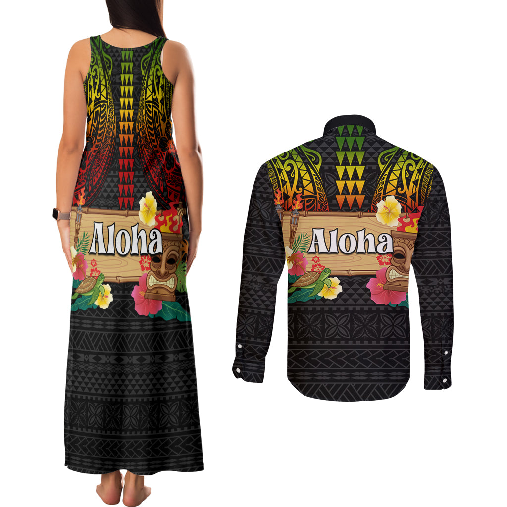 Hawaii Pan-Pacific Festival Couples Matching Tank Maxi Dress and Long Sleeve Button Shirt Hawaiian Elements and Polynesian Tattoo