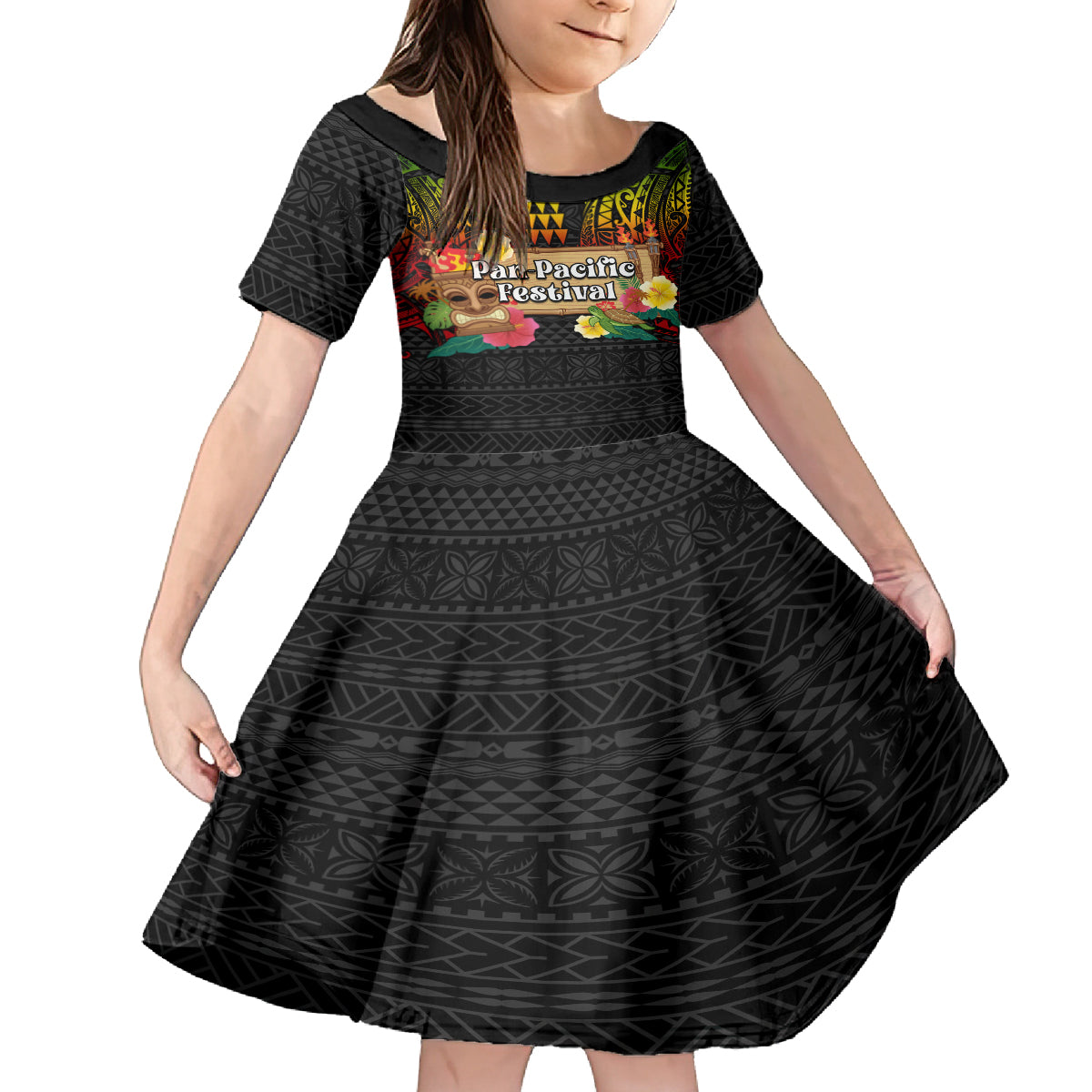Hawaiian Elements and Polynesian Tattoo Family Matching Off The Shoulder Long Sleeve Dress and Hawaiian Shirt LT03 Daughter's Dress Black - Polynesian Pride