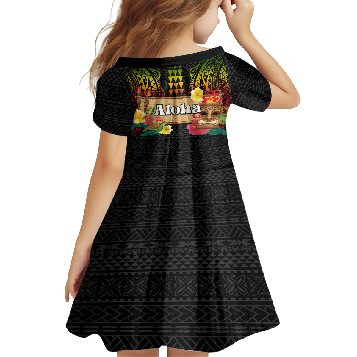 Hawaiian Elements and Polynesian Tattoo Family Matching Off The Shoulder Long Sleeve Dress and Hawaiian Shirt LT03 - Polynesian Pride