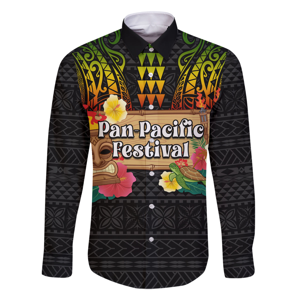 Hawaiian Elements and Polynesian Tattoo Family Matching Off Shoulder Short Dress and Hawaiian Shirt LT03 Dad's Shirt - Long Sleeve Black - Polynesian Pride