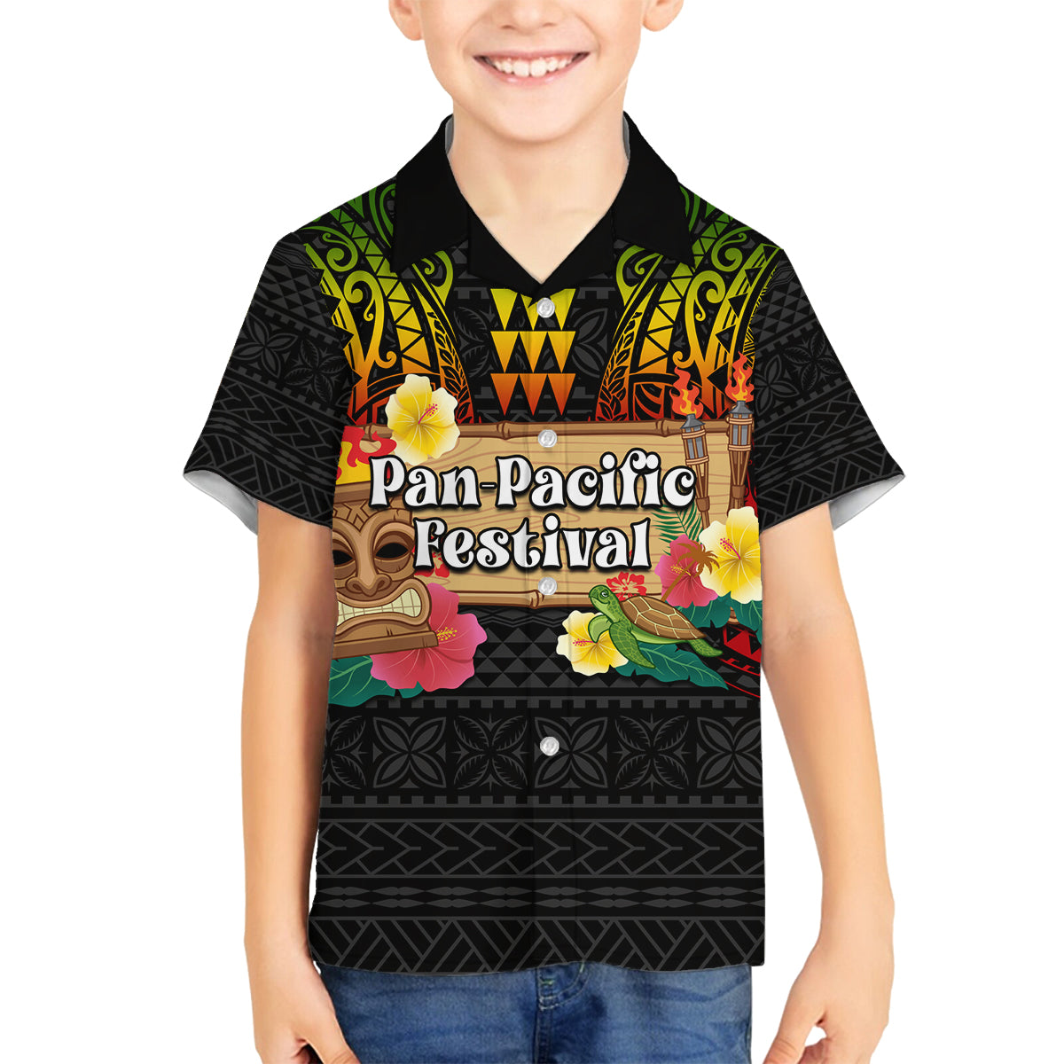 Hawaiian Elements and Polynesian Tattoo Family Matching Off Shoulder Short Dress and Hawaiian Shirt LT03 Son's Shirt Black - Polynesian Pride