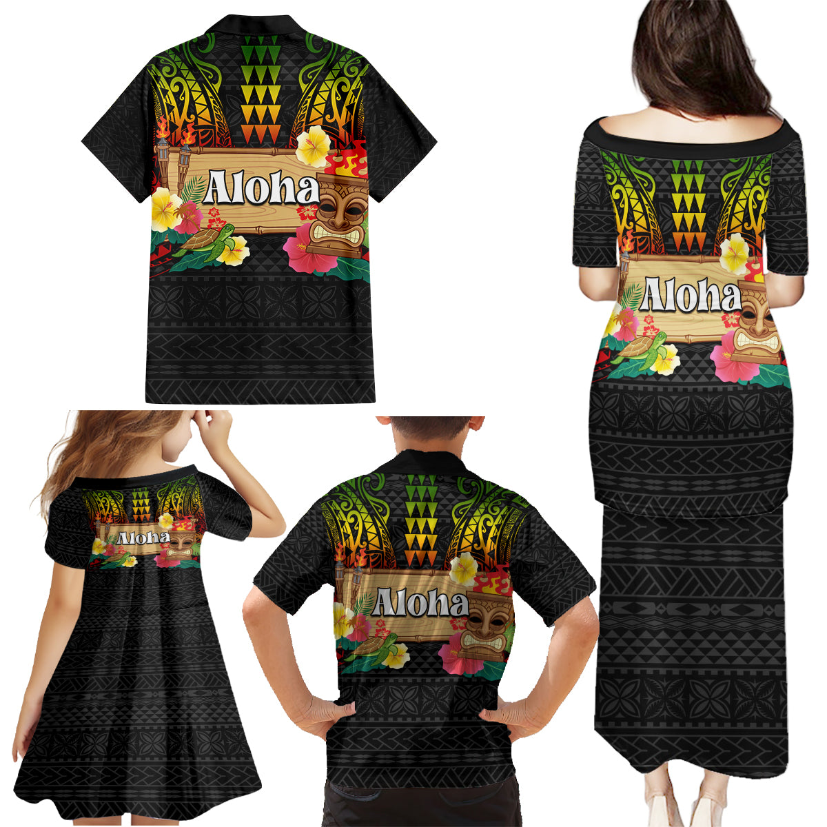 Hawaii Pan-Pacific Festival Family Matching Puletasi and Hawaiian Shirt Hawaiian Elements and Polynesian Tattoo