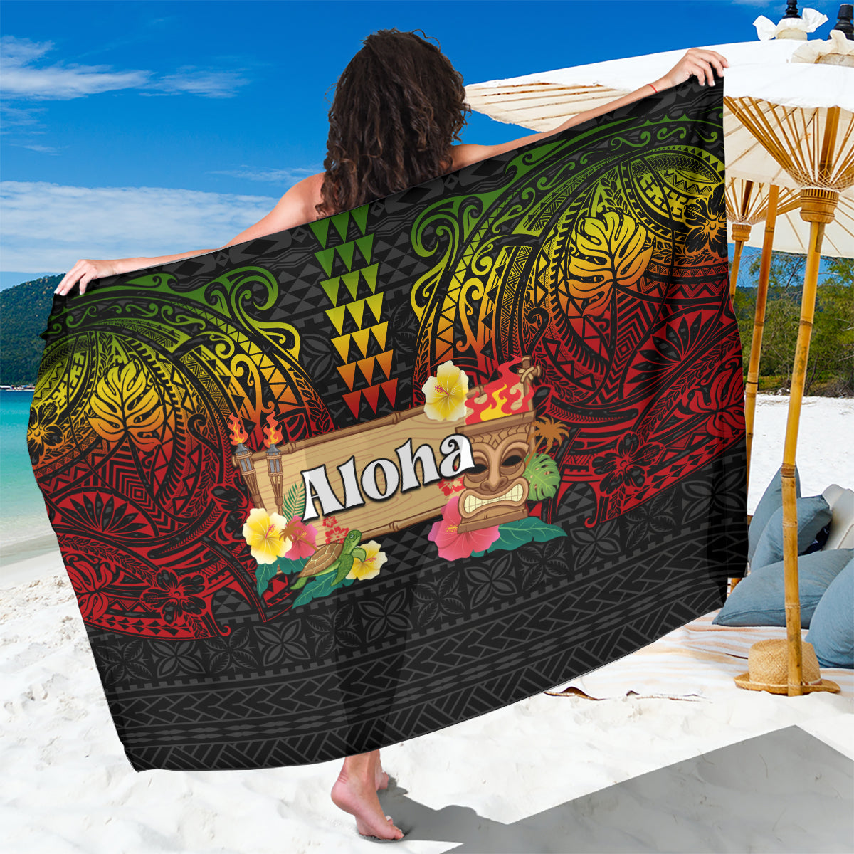 Hawaiian Elements and Polynesian Tattoo Sarong LT03 One Size 44 x 66 inches Black - Polynesian Pride