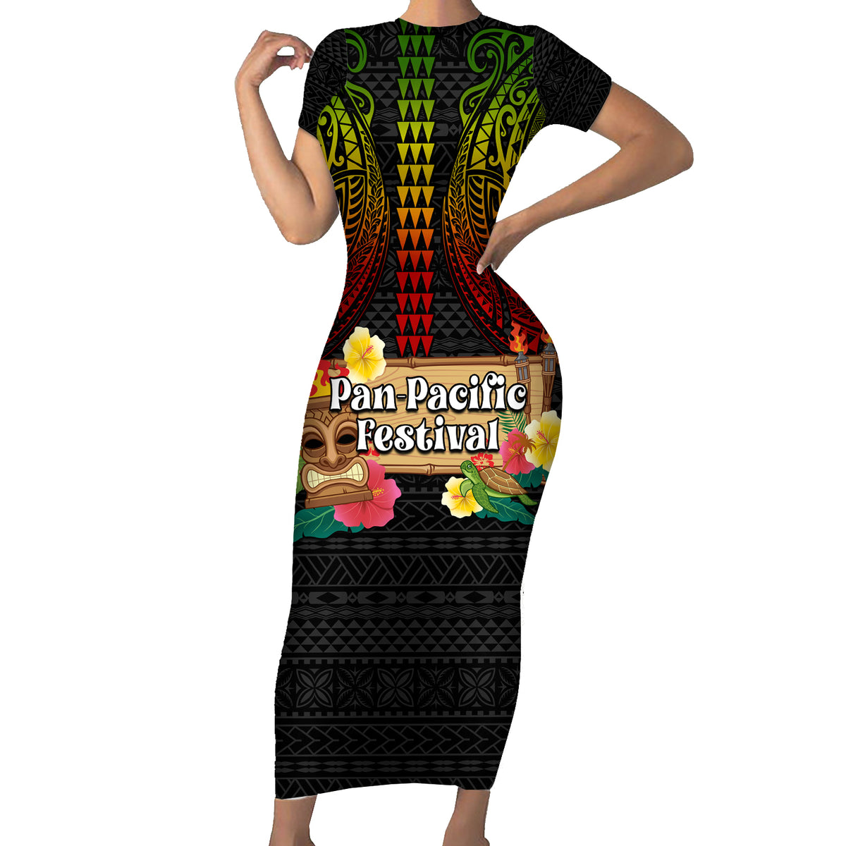 Hawaiian Elements and Polynesian Tattoo Short Sleeve Bodycon Dress LT03 Long Dress Black - Polynesian Pride