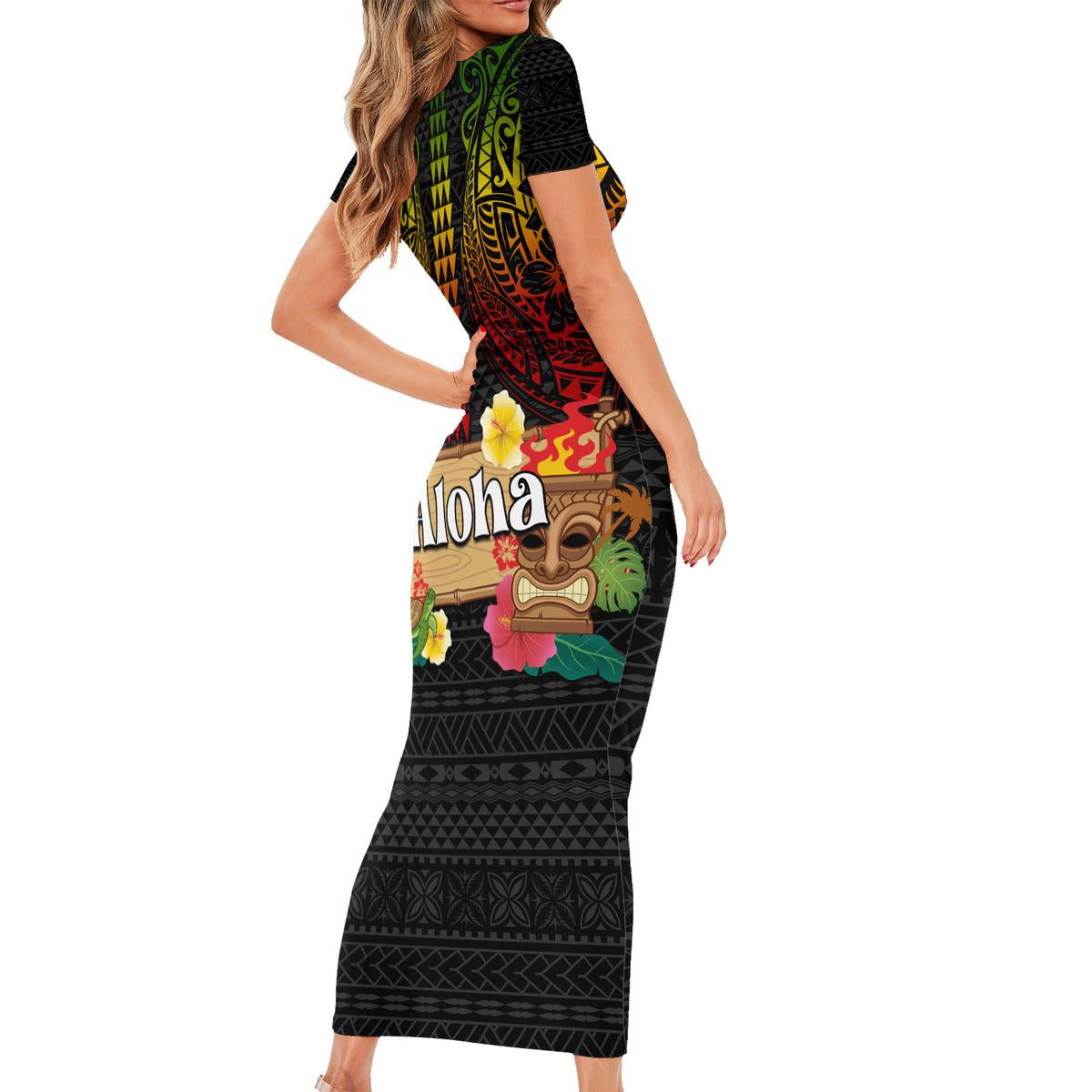 Hawaiian Elements and Polynesian Tattoo Short Sleeve Bodycon Dress LT03 - Polynesian Pride