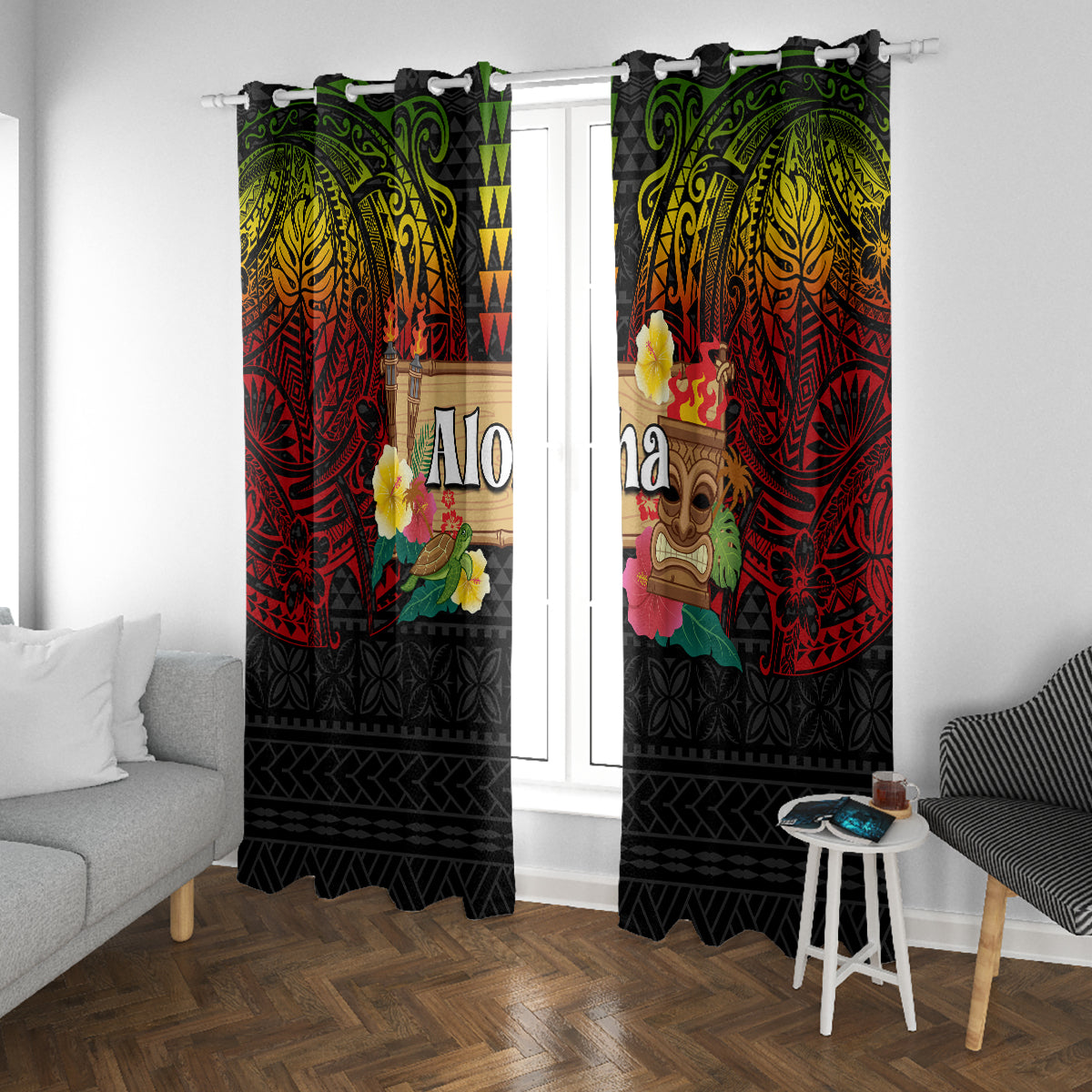 Hawaiian Elements and Polynesian Tattoo Window Curtain LT03 With Grommets Black - Polynesian Pride