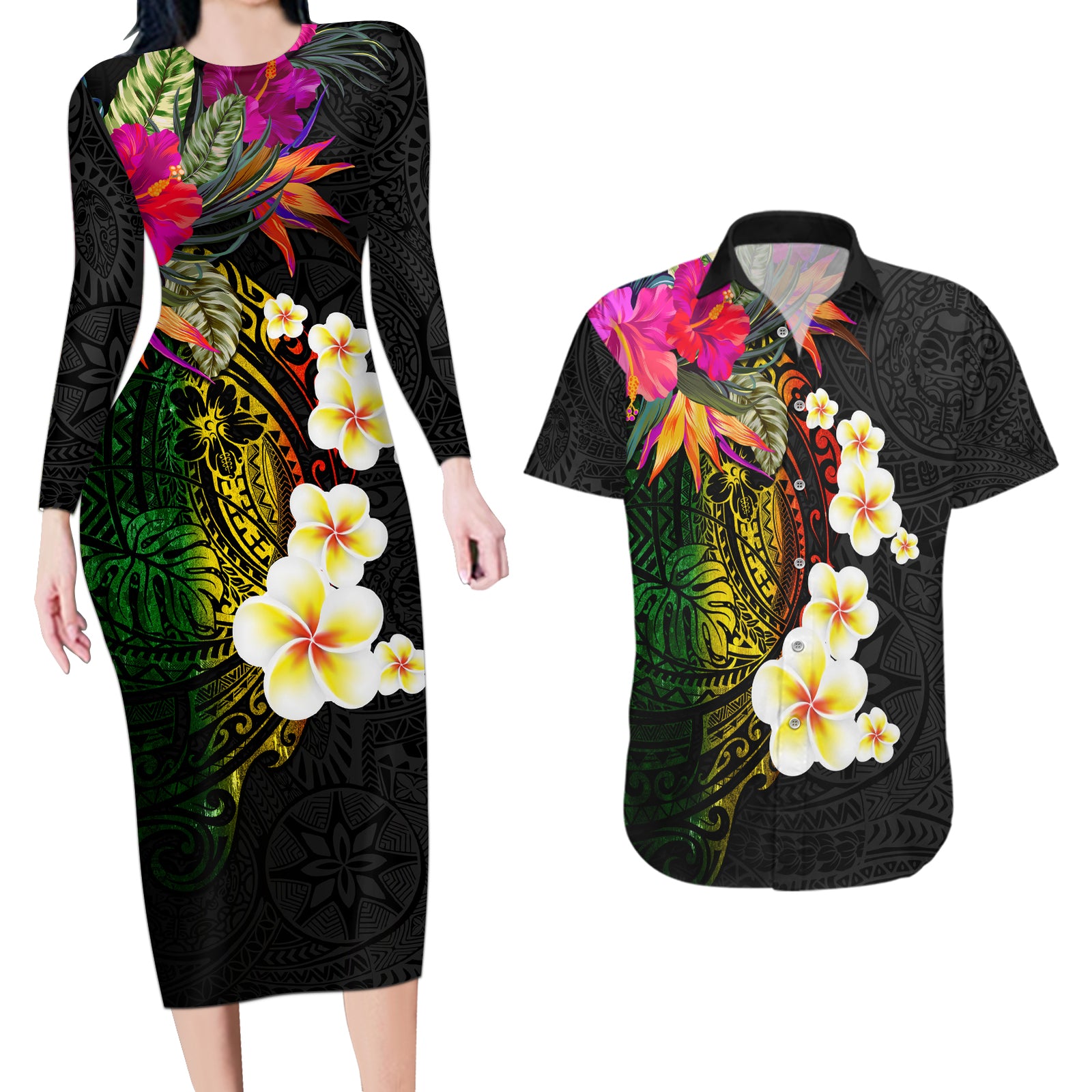Hawaii Plumeria Couples Matching Long Sleeve Bodycon Dress and Hawaiian Shirt Polynesian Tattoo and Hibiscus LT03 Black - Polynesian Pride