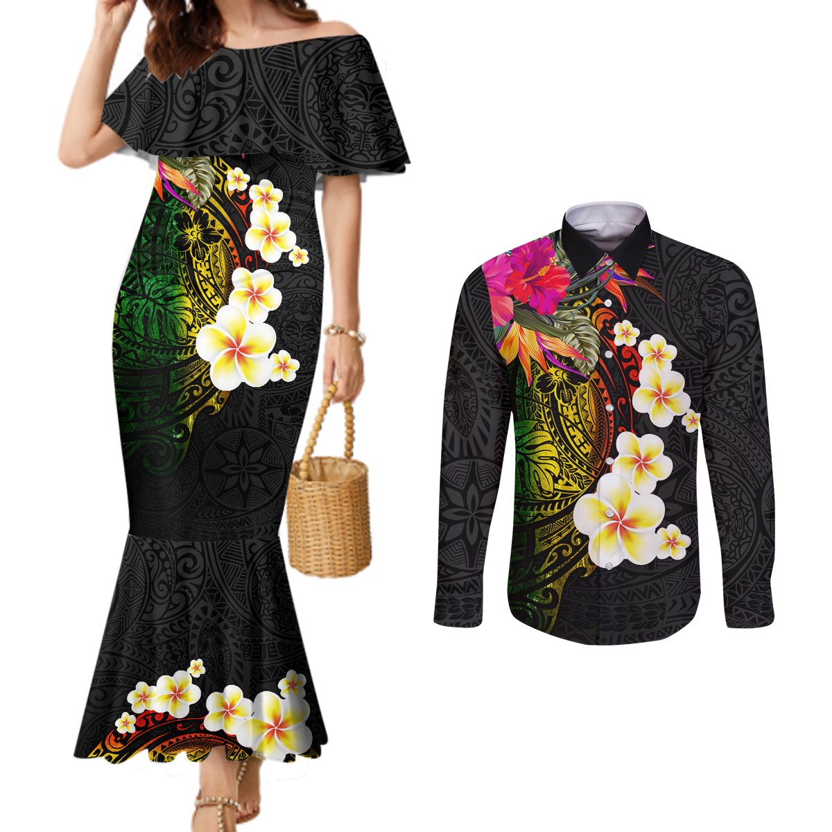 Hawaii Plumeria Couples Matching Mermaid Dress and Long Sleeve Button Shirt Polynesian Tattoo and Hibiscus LT03 Black - Polynesian Pride