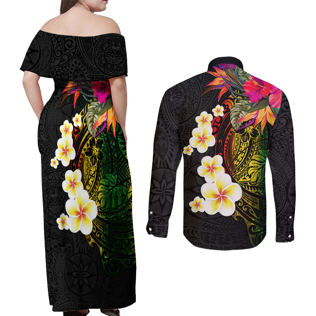 Hawaii Plumeria Couples Matching Off Shoulder Maxi Dress and Long Sleeve Button Shirt Polynesian Tattoo and Hibiscus