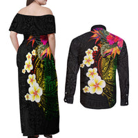 Hawaii Plumeria Couples Matching Off Shoulder Maxi Dress and Long Sleeve Button Shirt Polynesian Tattoo and Hibiscus