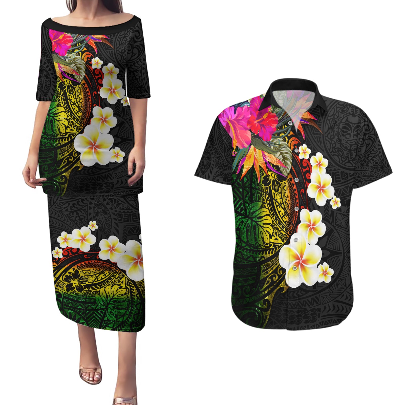 Hawaii Plumeria Couples Matching Puletasi and Hawaiian Shirt Polynesian Tattoo and Hibiscus